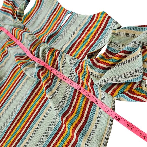Monteau Striped Open Shoulder Top With Ruffled Sleeves size Large - Picture 11 of 13